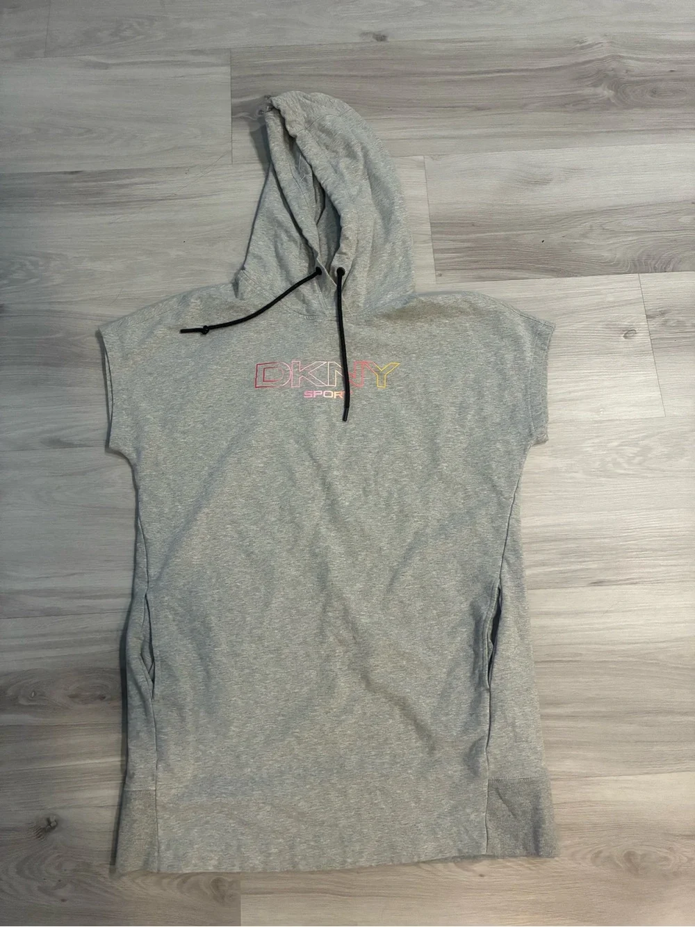 DKNY Grey Hooded Sweatshirt Dress  Short Sleeve Pullover